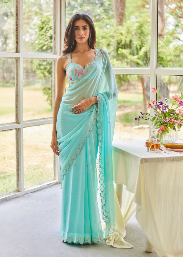 AKIRA GEORGETTE SAREE RUNA BLOUSE SET - AQUA BLUE