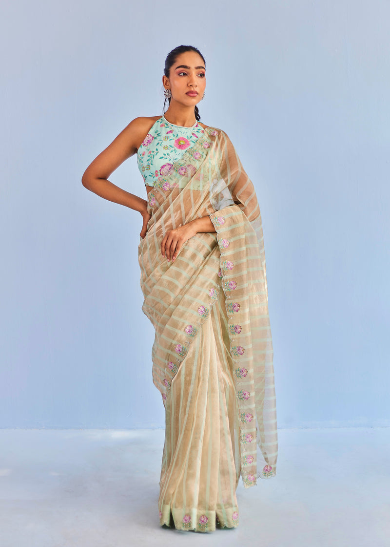 DIVYA KHOSLA IN OUR INEJ ICHIKA SLEEVELESS SAREE BLOUSE SET - SAGE GREEN