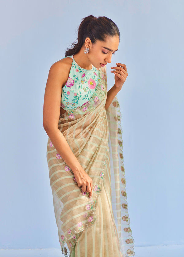 INEJ ICHIKA SLEEVELESS SAREE BLOUSE SET - SAGE GREEN