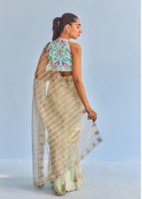DIVYA KHOSLA IN OUR INEJ ICHIKA SLEEVELESS SAREE BLOUSE SET - SAGE GREEN