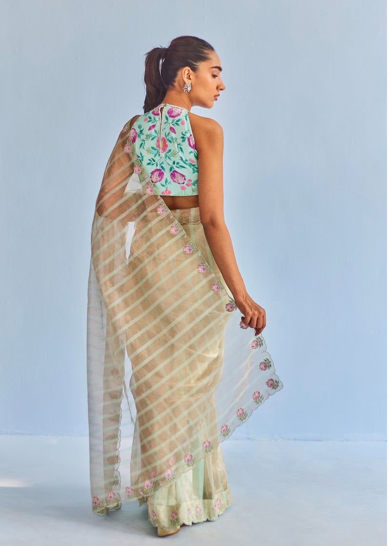 DIVYA KHOSLA IN OUR INEJ ICHIKA SLEEVELESS SAREE BLOUSE SET - SAGE GREEN