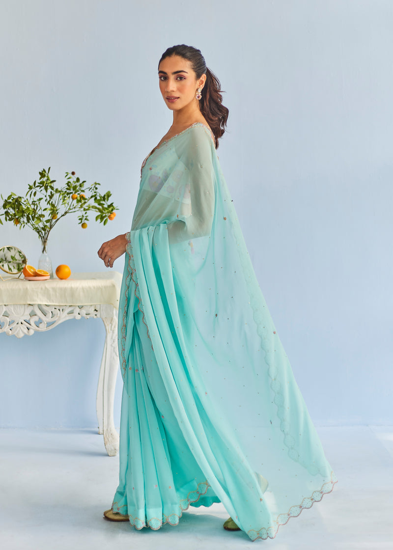 AKIRA SAREE ALICE BLOUSE SET - AQUA BLUE