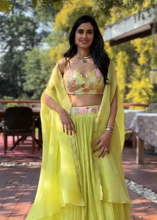 Vedika Kejriwal in our AMARIS CAPE LEHENGA SET - PEAR GREEN