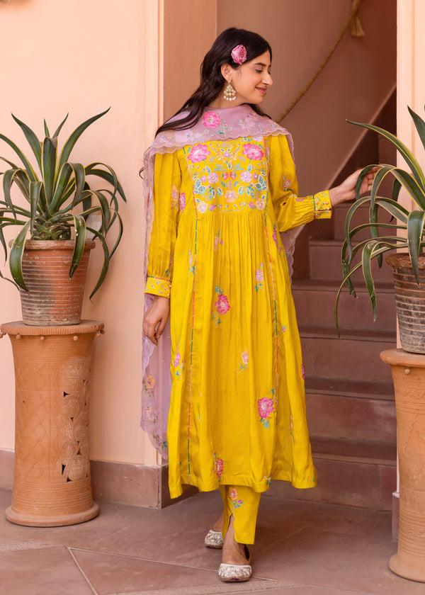 Freya Panelled Kurta Set - Mustard Yellow