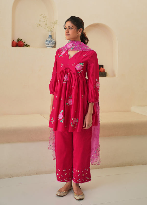 Zia Gathered Short Kurta Set - Red