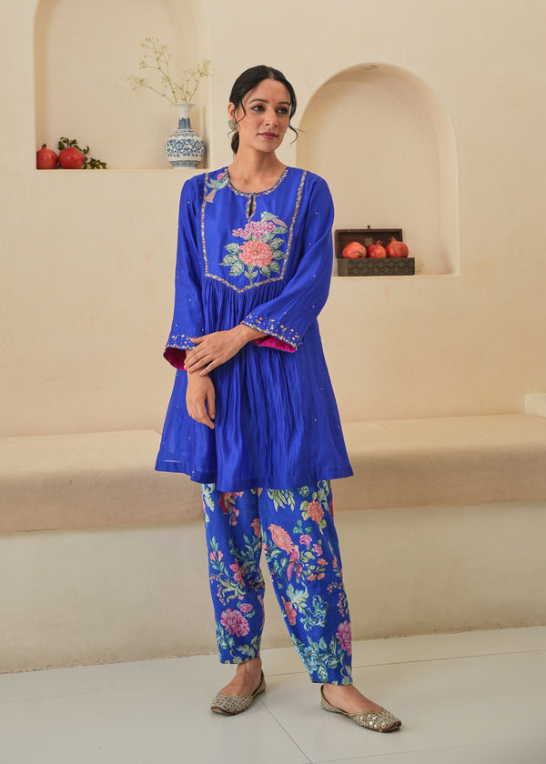 Jehan Gathered Kurta Set - Royal Blue