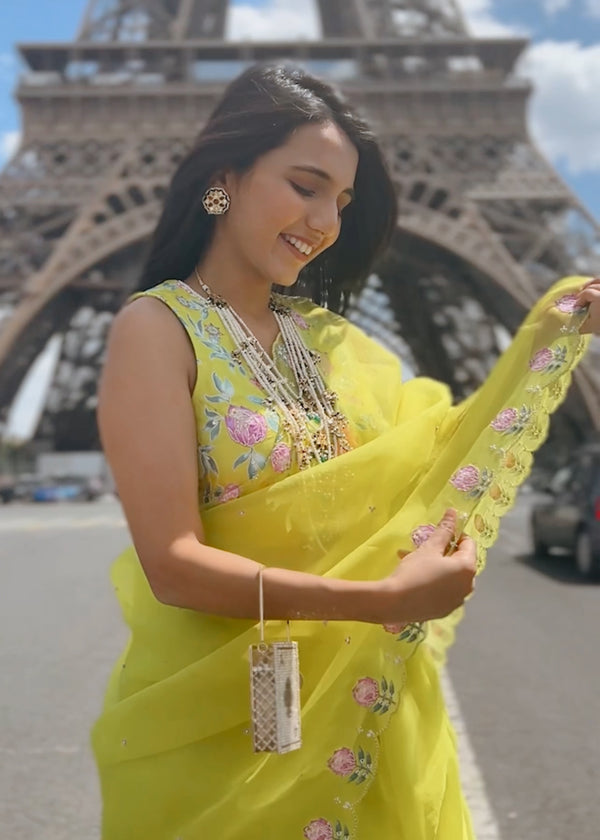 Masoom Minawala in our Ichika Saree Blouse Set - Lime Yellow