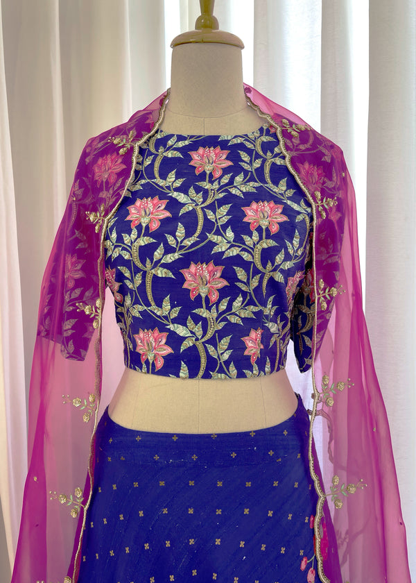 LEAF CHEENTH LEHENGA SET - AZURE BLUE