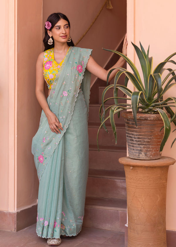 Avril Saree Blouse Set - Sage Green