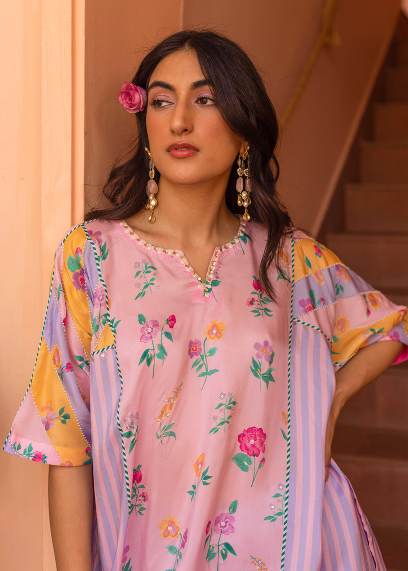 Iris Short Kaftan Set - Powder Blue - Soft Pink