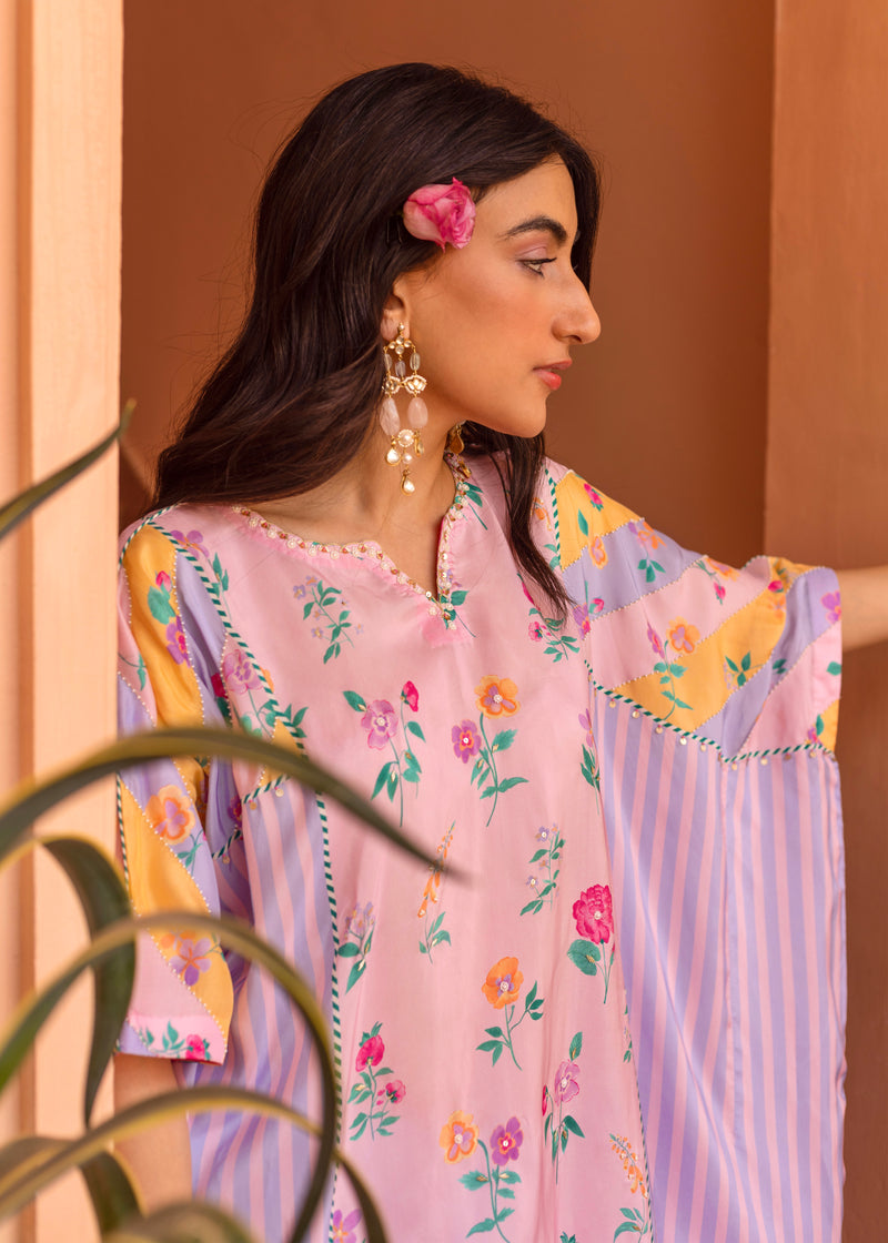 Iris Short Kaftan Set - Powder Blue - Soft Pink