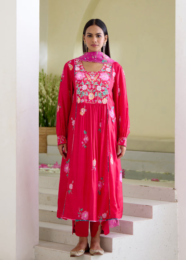 FREYA PANELLED KURTA SET-VERMILION RED
