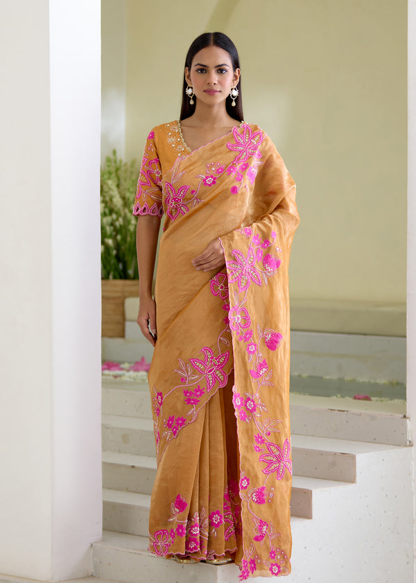 NELLI SAREE BLOUSE SET-TANGERINE ORANGE