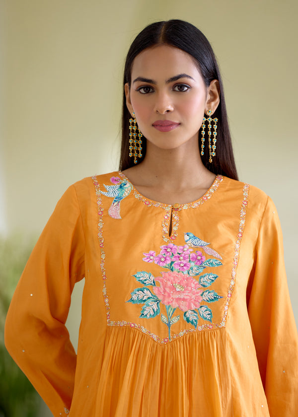 JEHAN GATHERED KURTA SET-TANGERINE ORANGE