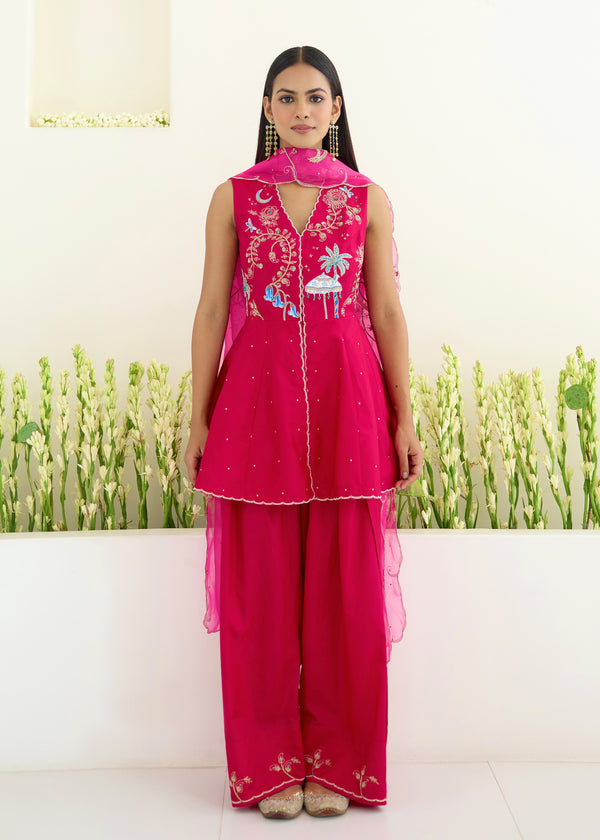 SORIN PEPLUM KURTA SET-VERMILION RED- WITH NEDA DUPATTA