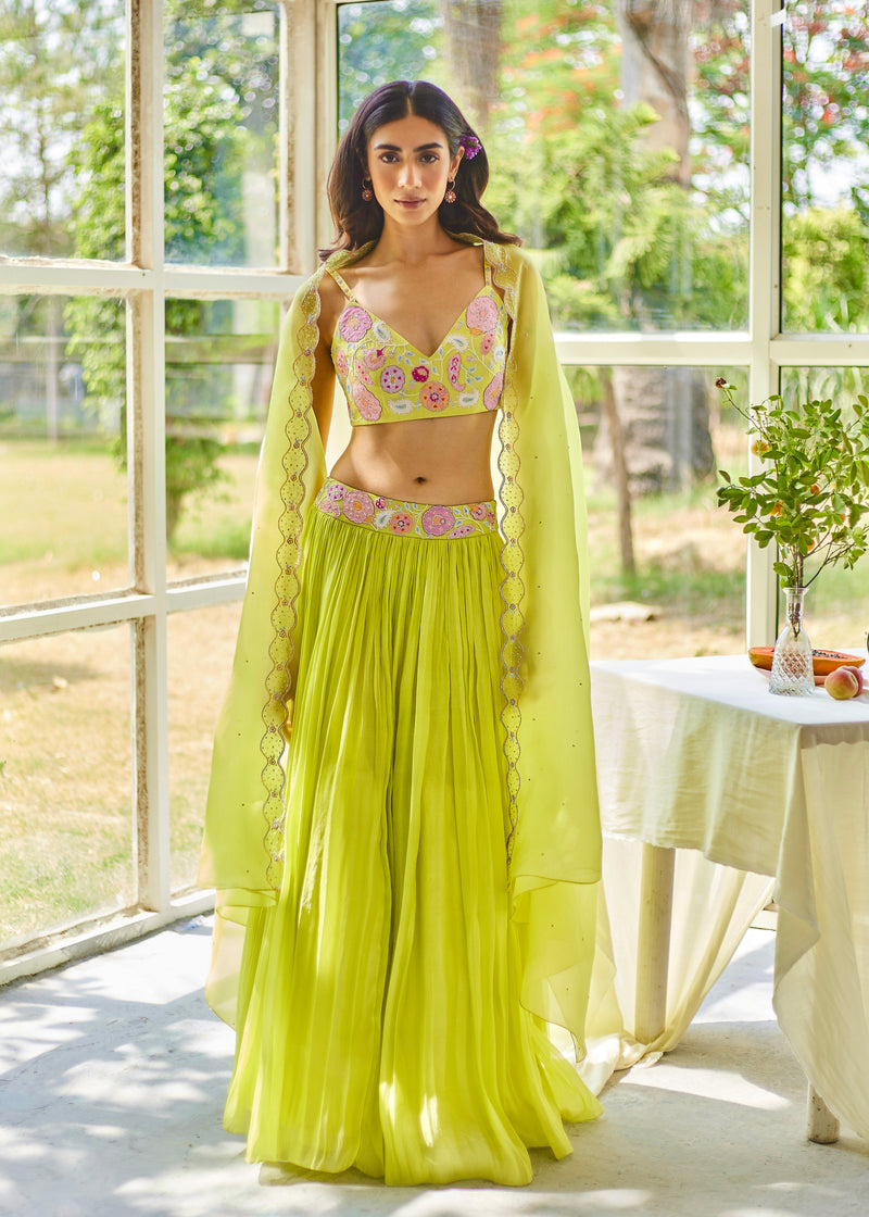 AMARIS CAPE LEHENGA SET - LIME GREEN