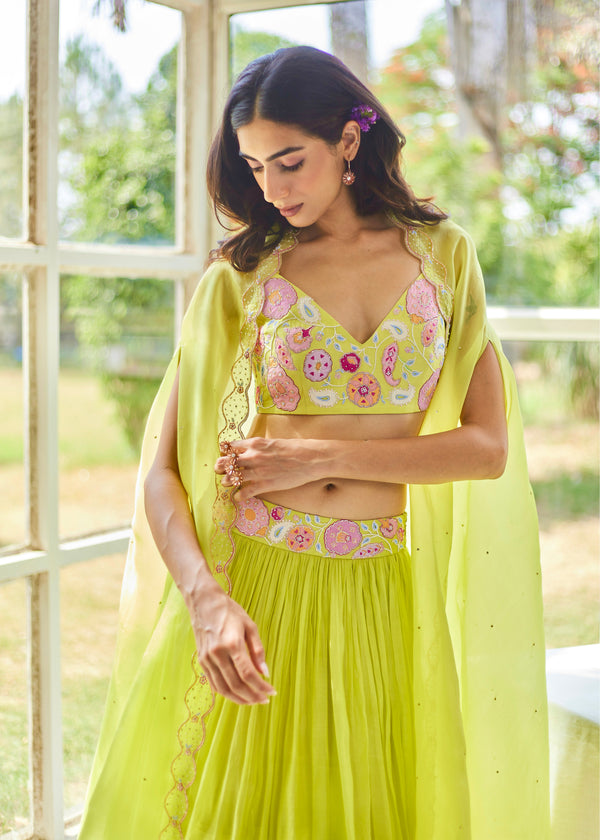 AMARIS CAPE LEHENGA SET - LIME GREEN