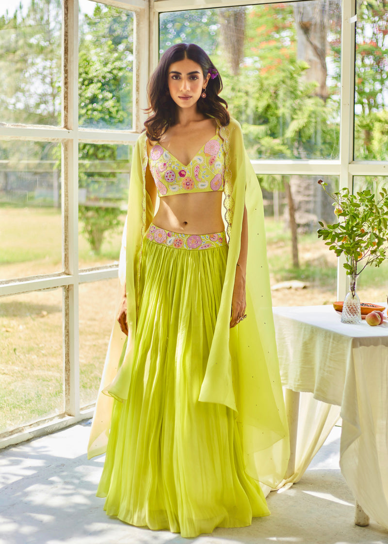 AMARIS CAPE LEHENGA SET - LIME GREEN