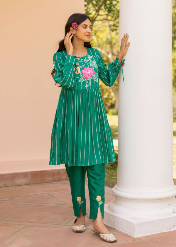 Zia Gathered Short Kurta Set - Emerald Green