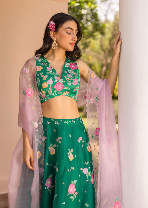 Seri Applique Lehenga Set - Emerald Green