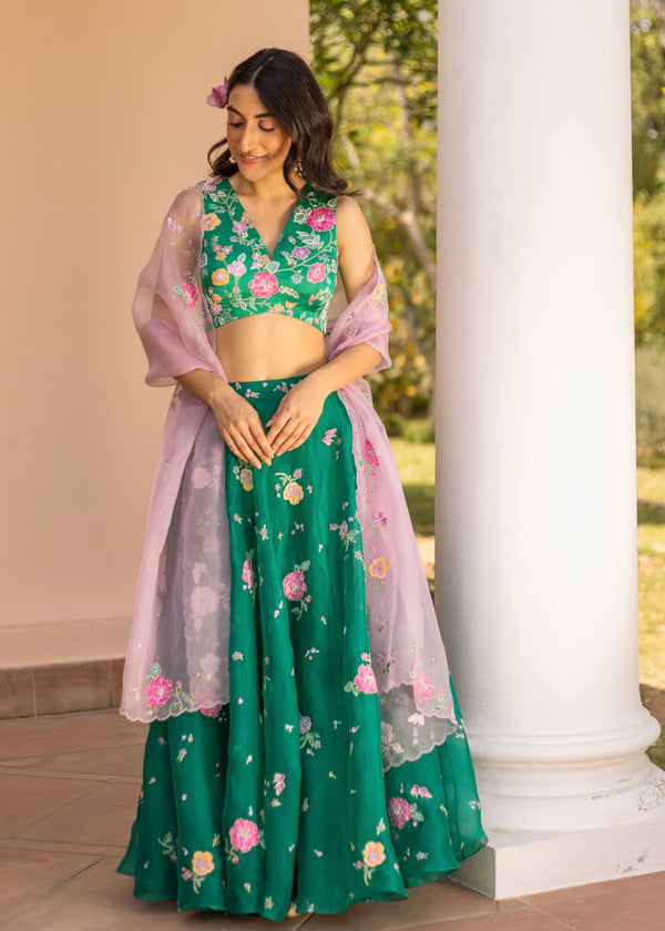 Seri Applique Lehenga Set - Emerald Green