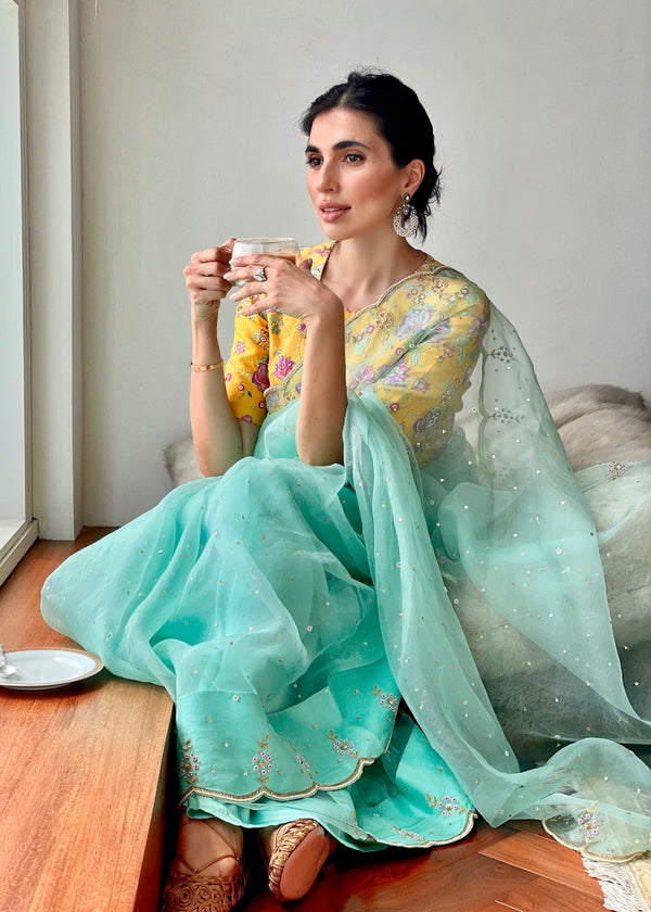 Prerna Goel in our Mint Green Kaira Scallop Saree Blouse Set