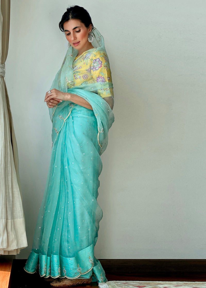 Kaira Scallop Saree Yellow Jacobean Blouse Set - Mint Green