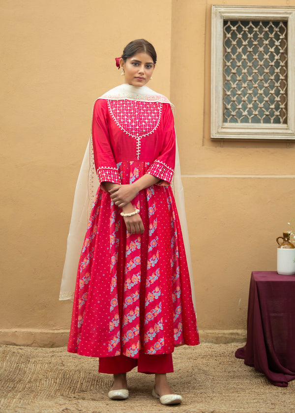 Tircha Anarkali Set - Red