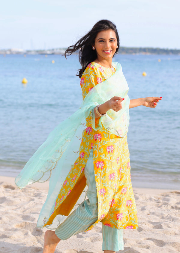 Masoom Minawala in our Mustard Yellow Leaf Kurta Set