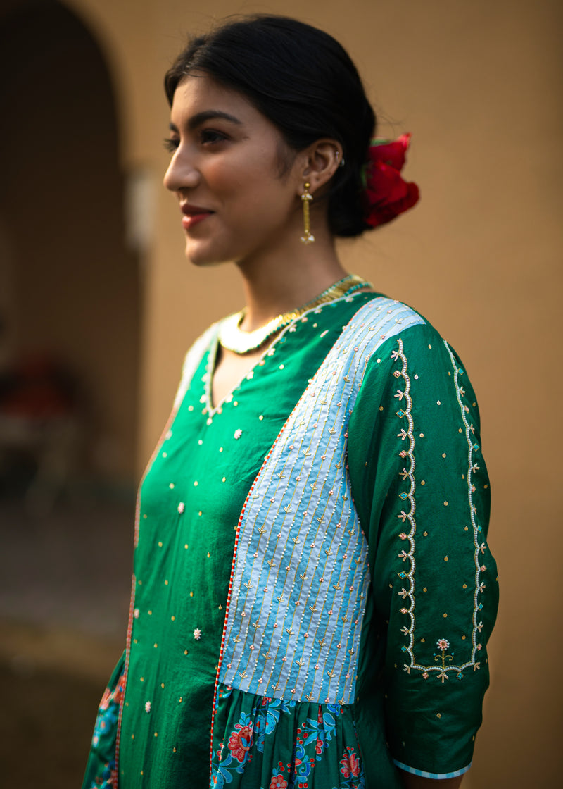 Gathered Kurta Set - Emerald Green