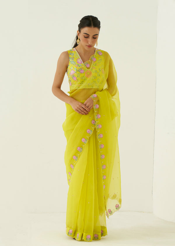 Ichika Saree Blouse Set - Lime Yellow