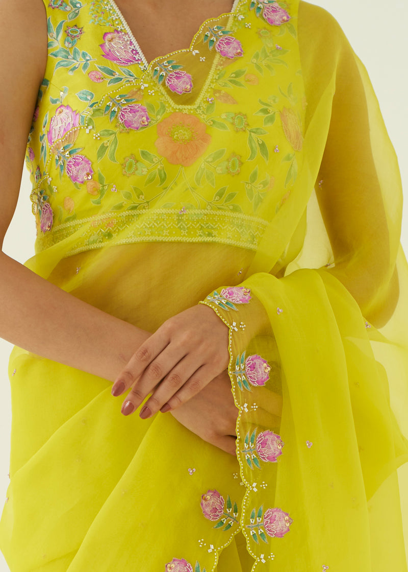 Ichika Saree Blouse Set - Lime Yellow