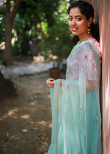 Chidiya Saree Blouse Set - Aqua Blue