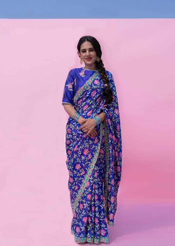 Leaf Lace Border Saree - Azure Blue