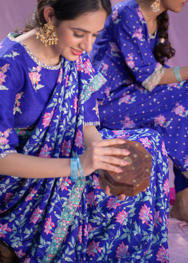 Leaf Lace Border Saree - Azure Blue