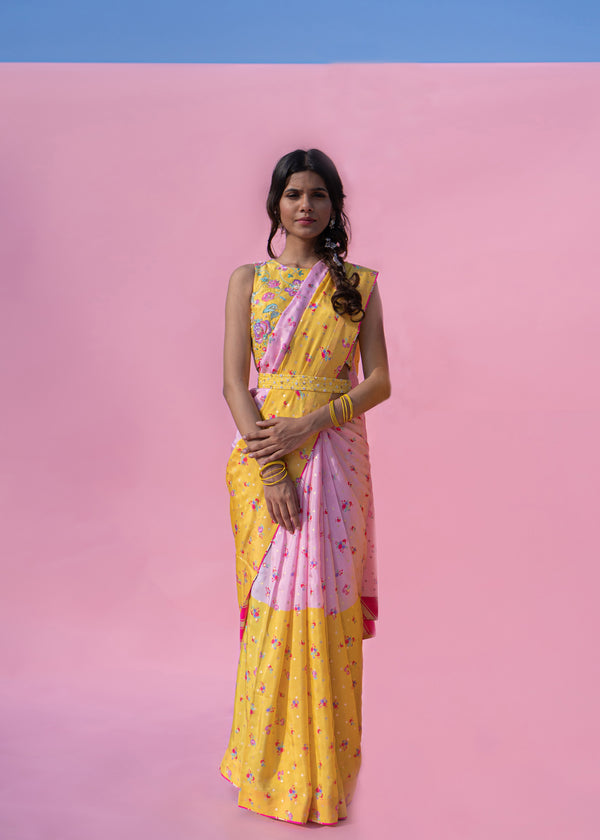 Colourblock Cheenth Saree Blouse Set - Yellow Pink