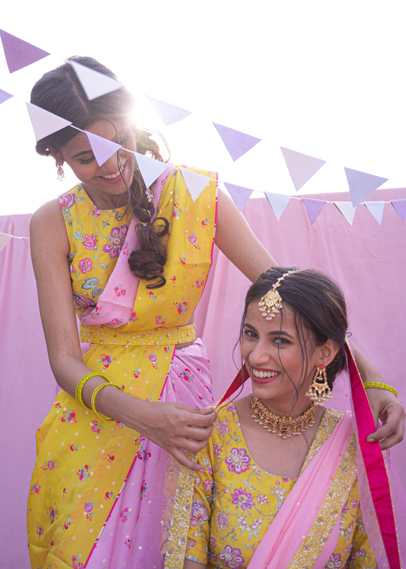 Colourblock Cheenth Saree Blouse Set - Yellow Pink