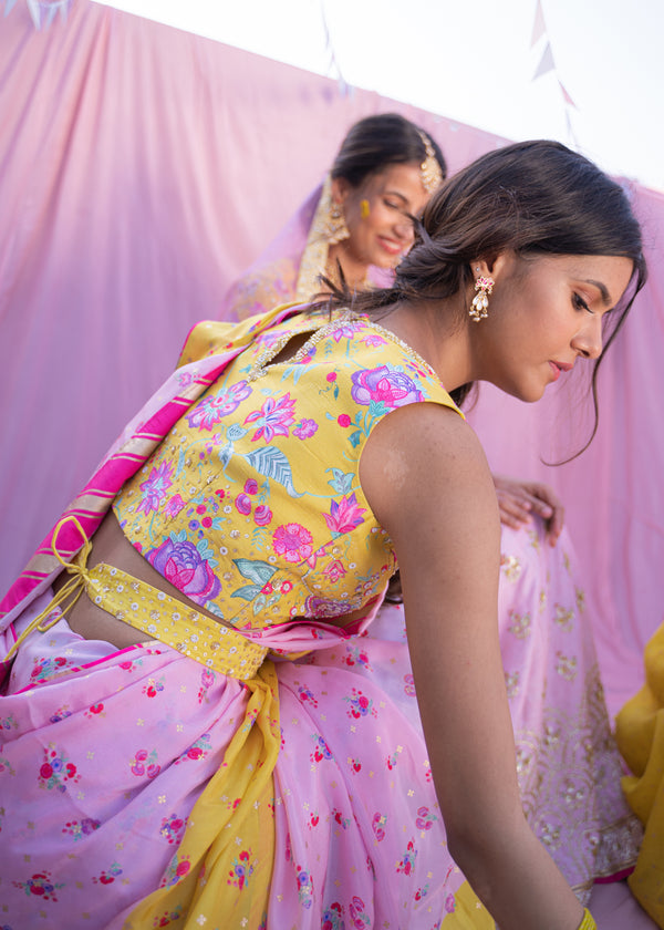 Colourblock Cheenth Saree Blouse Set - Yellow Pink