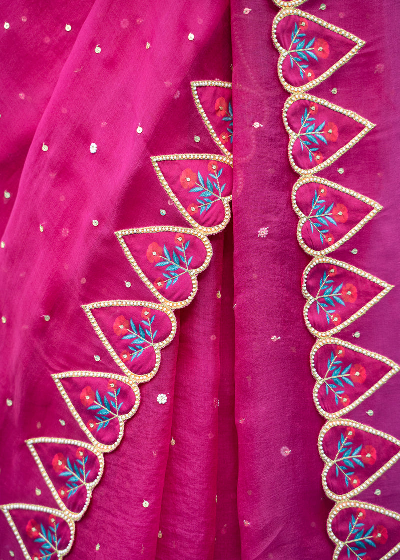 Vetri Organza Saree Cream Blouse Set - Burgundy