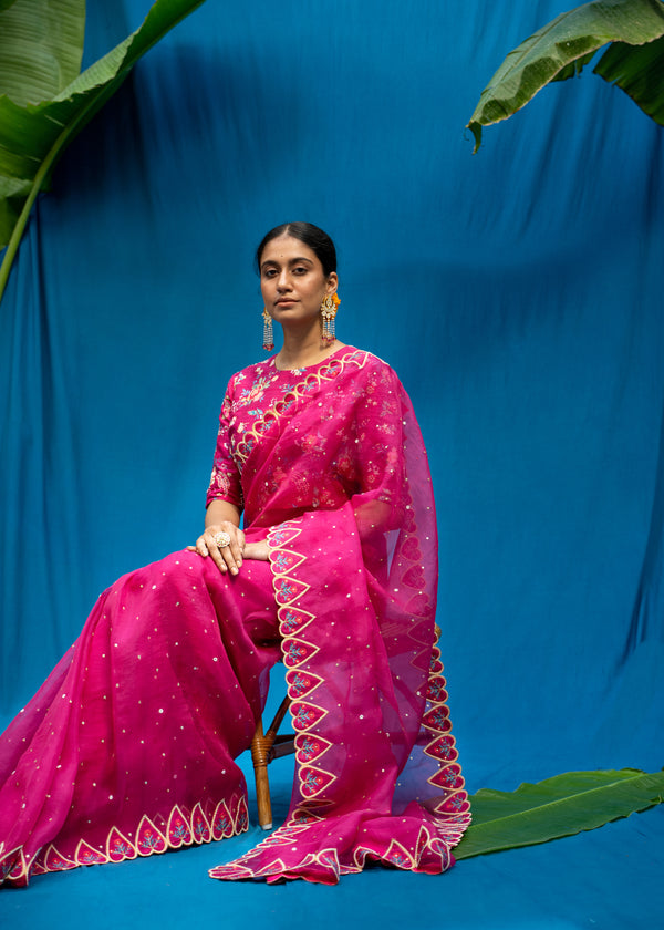 Vetri Organza Saree Burgundy Blouse Set - Burgundy