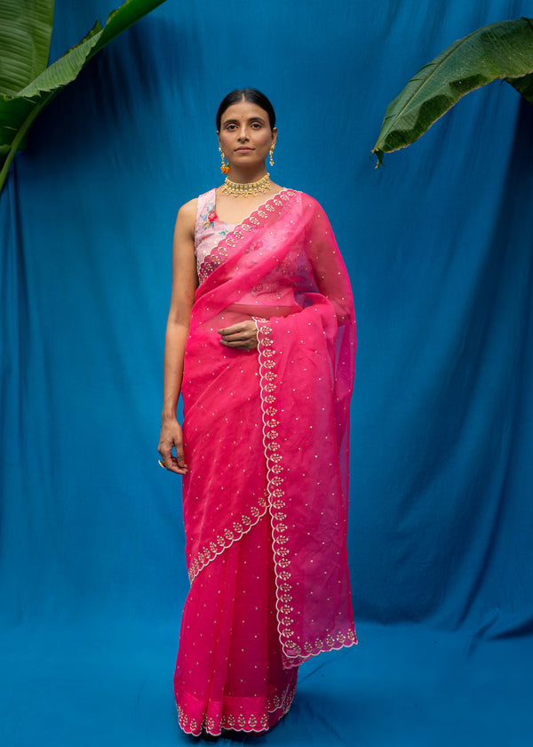 Shell Scallop Saree Bahaar Blouse Set - Fuchsia Pink