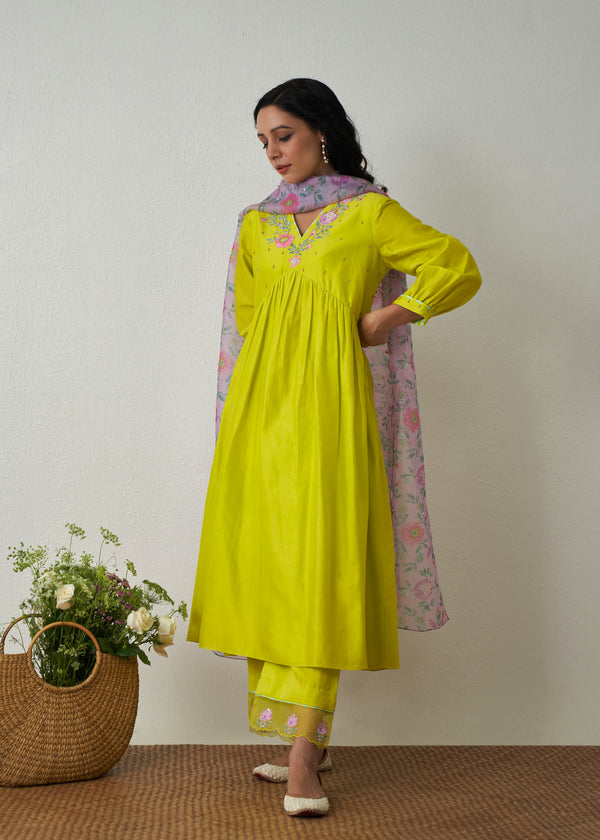 Kanji Gathered Kurta Set - Lime Yellow