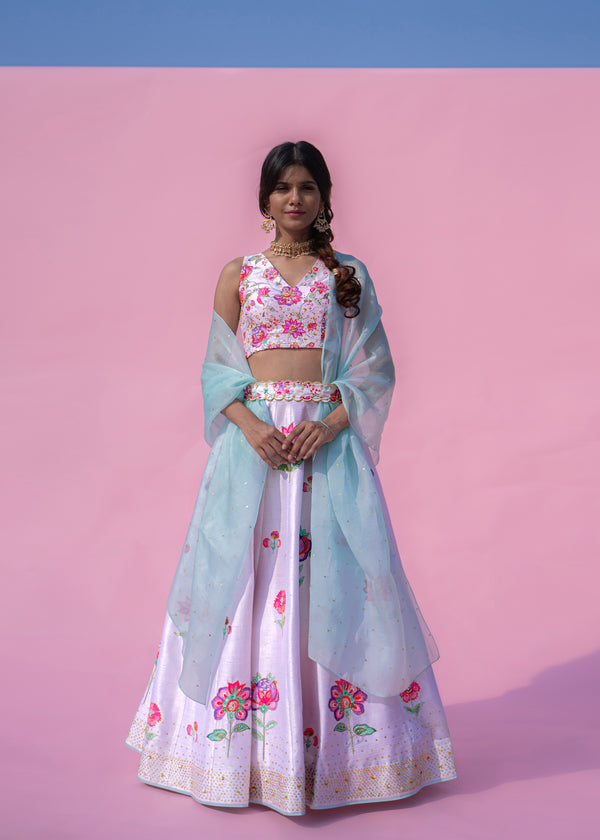 Jacobean Applique Sleeveless Lehenga Set - Peony Pink