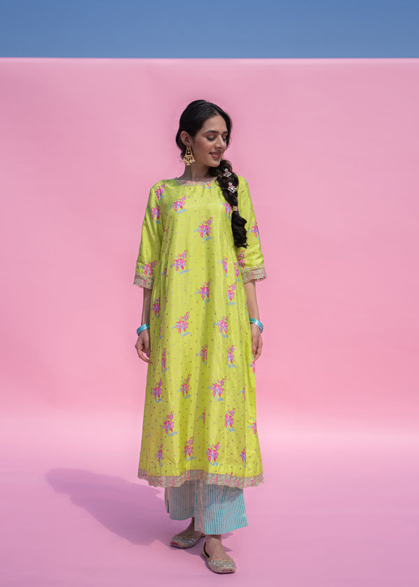 Bootah Gathered Kurta Set - Lime Green