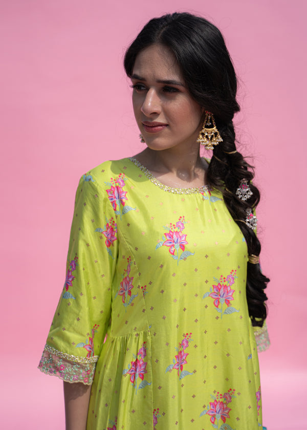 Bootah Gathered Kurta Set - Lime Green