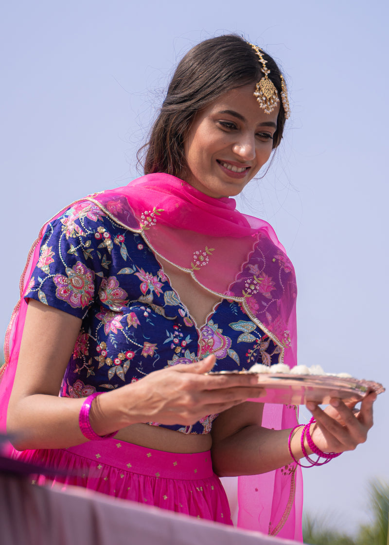 Jacobean Lehenga Set - Fuchsia Pink