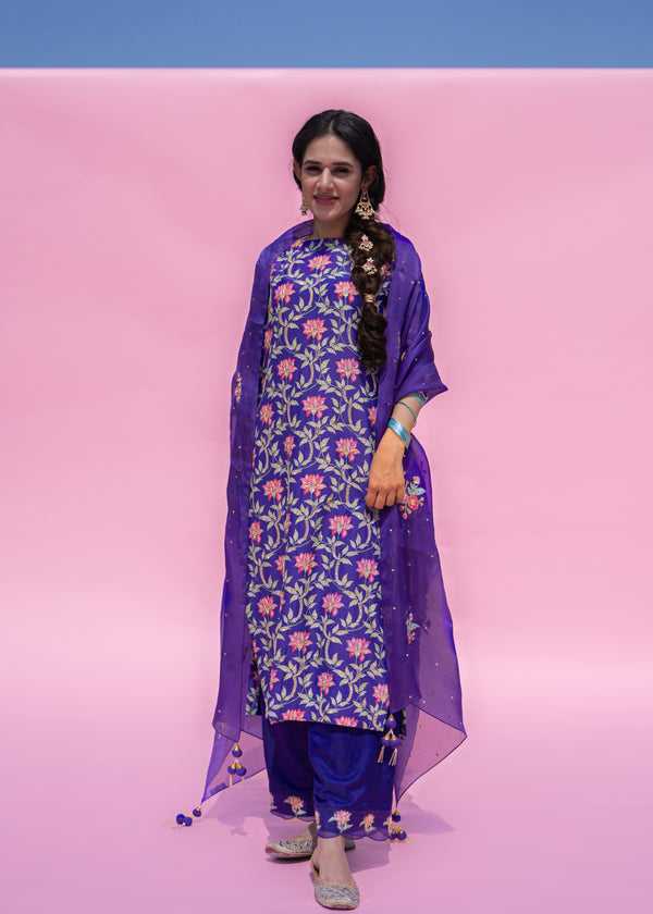 Leaf Kurta Applique Dupatta Set - Purple