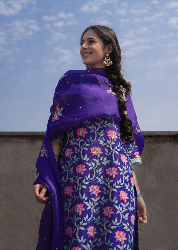 Leaf Kurta Applique Dupatta Set - Purple