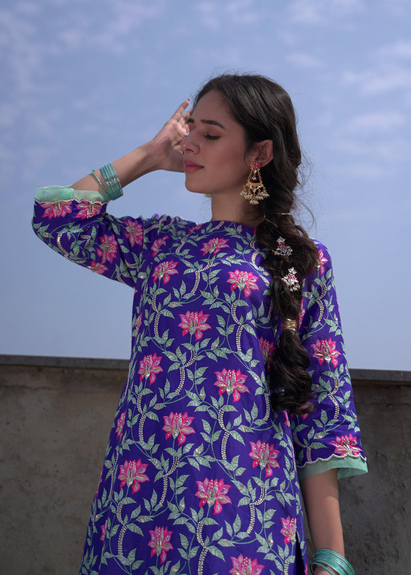 Leaf Kurta Applique Dupatta Set - Purple