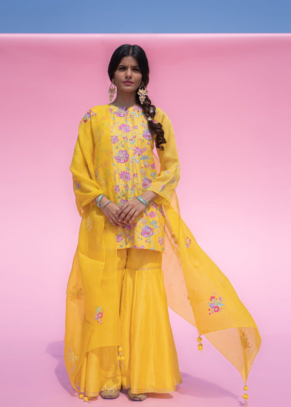 Jacobean Kurta Sharara Set - Yellow